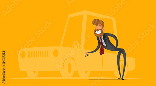 Happy salesman, businessman handing car keys. Stylish businessman-hipster. Vector illustration.