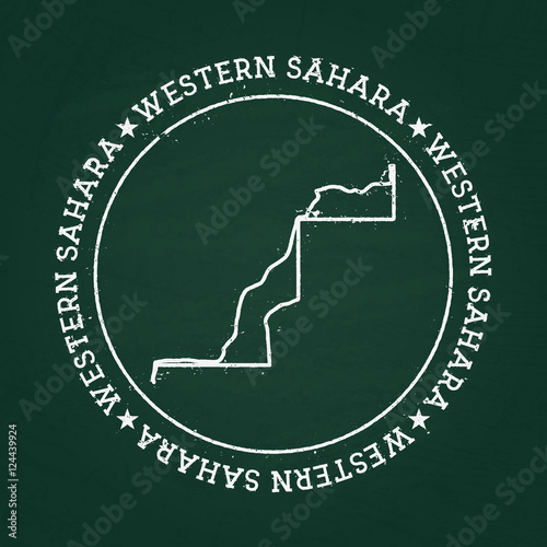 White chalk texture rubber seal with Western Sahara map on a green blackboard. Grunge rubber seal with country outlines, vector illustration.