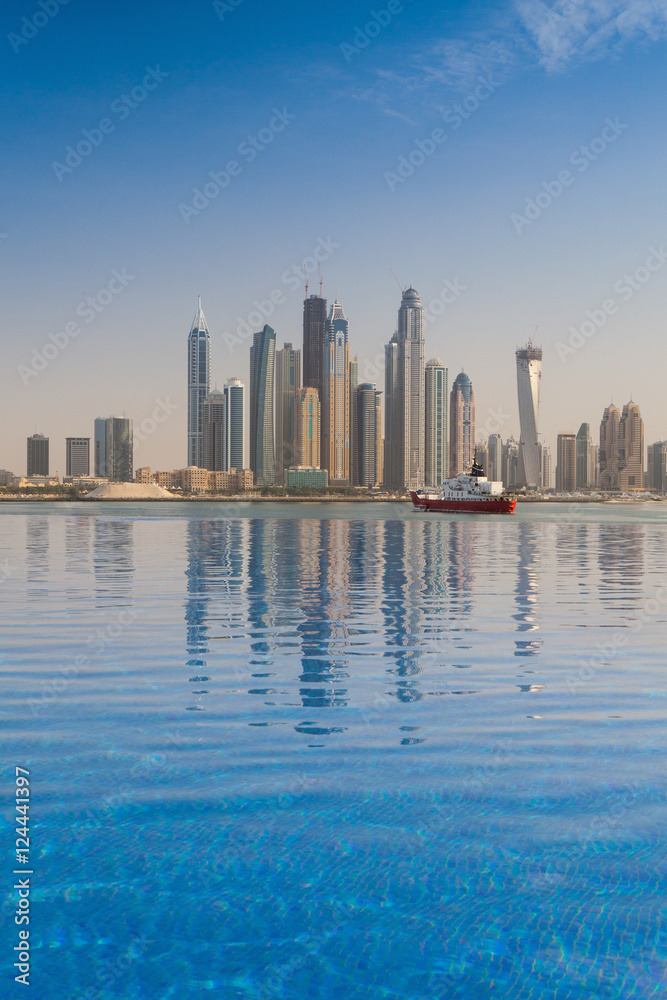 Fototapeta premium View from swimming pool on Dubai Marina, UAE