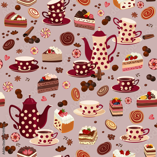 Seamless pattern with coffee pots, cups and sweets.