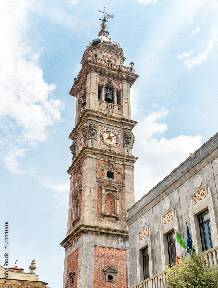 Bell tower of San Vittore Basilica, the church more important of Varese, Italy
