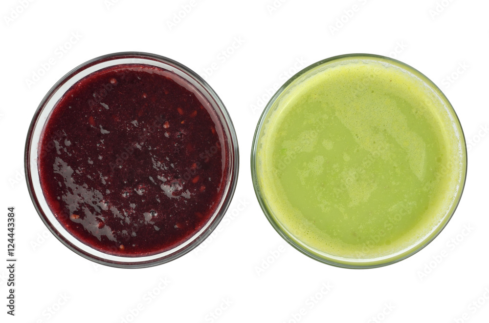 Fresh just made blackberry and kiwi smoothies isolated on white - bird's-eye view