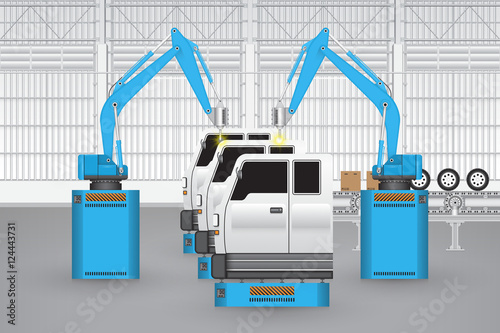 Vector of automotive manufacturing with robots and production line inside factory.
