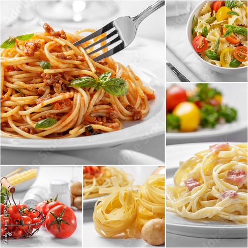 Collage of italian spaghetti with cheese and all of the ingredie