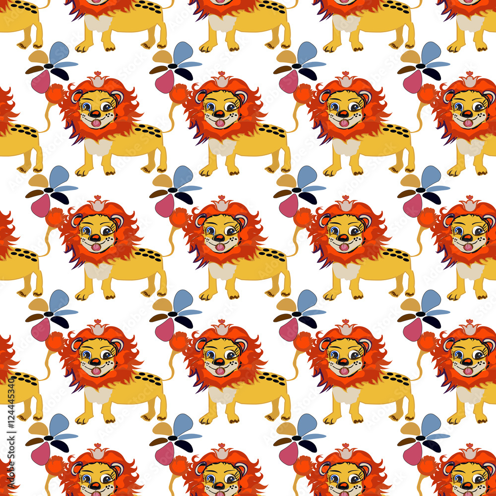 Cute floral seamless pattern with wild cute lion Vector modern background.