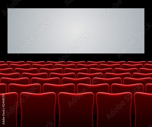 Movie hall with red seats and blank screen vector background.