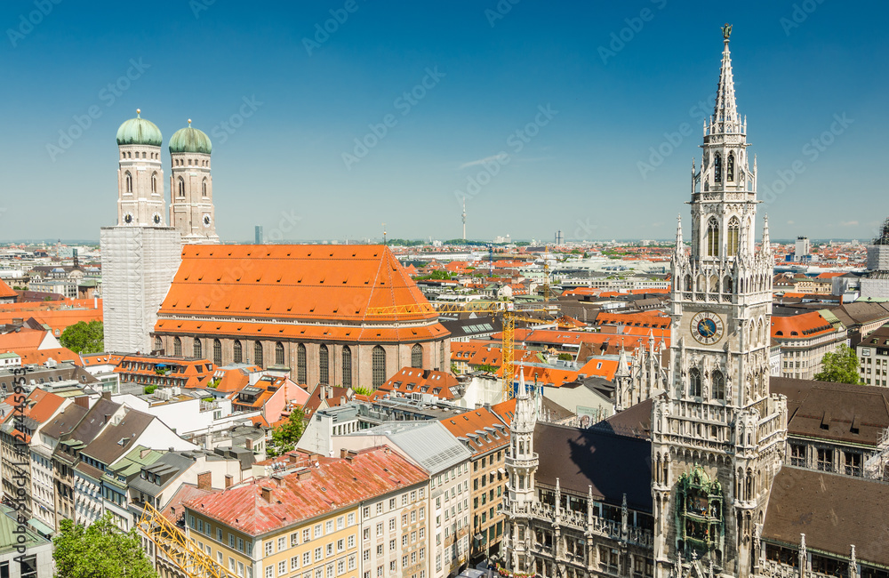 Panoramic view of the Marienplatz is a central square in the city centre of Munich, Germany
