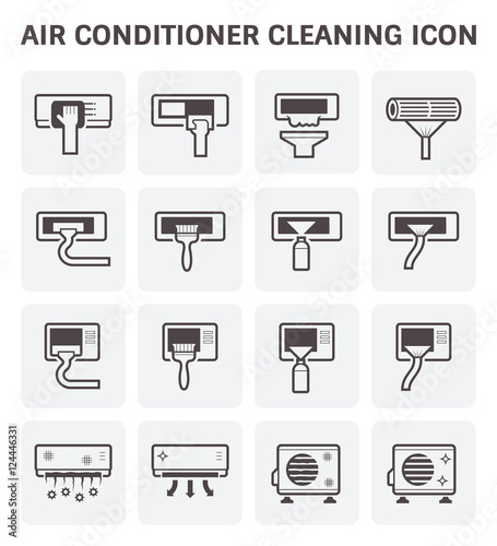 Air conditioner and air filter cleaning vector icon set.