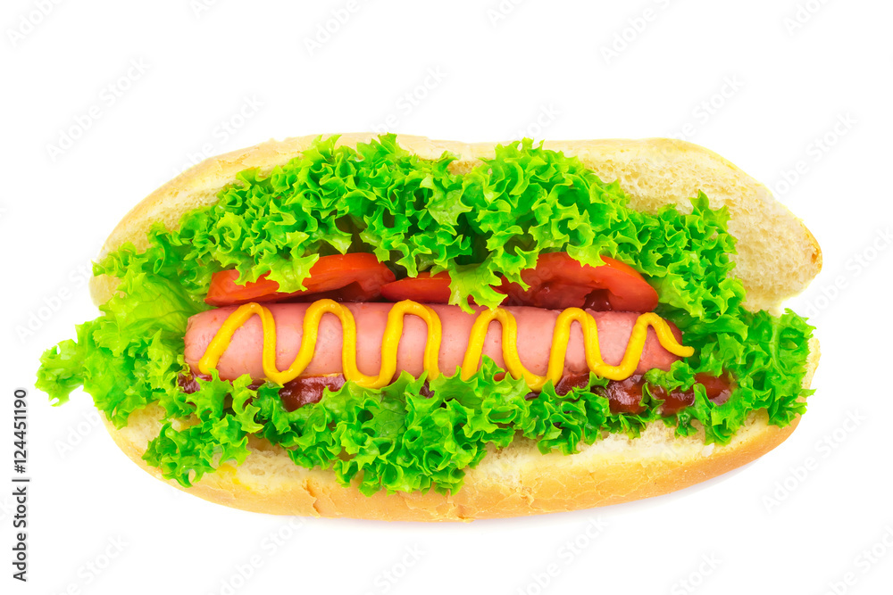 Hot dog with sausage, lettuce, tomato, ketchup and mustard on white background. Hot dog with sausage, lettuce, tomato, ketchup and mustard on white background.