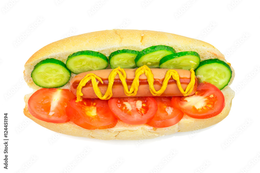 Hot dog with sausage, tomato, cucumber, ketchup and mustard on white background. Hot dog with sausage, tomato, cucumber, ketchup and mustard on white background.