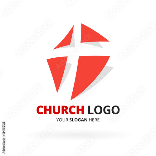 Christian church logo design with with red cross icon design isolated on white background. Vector illustration.