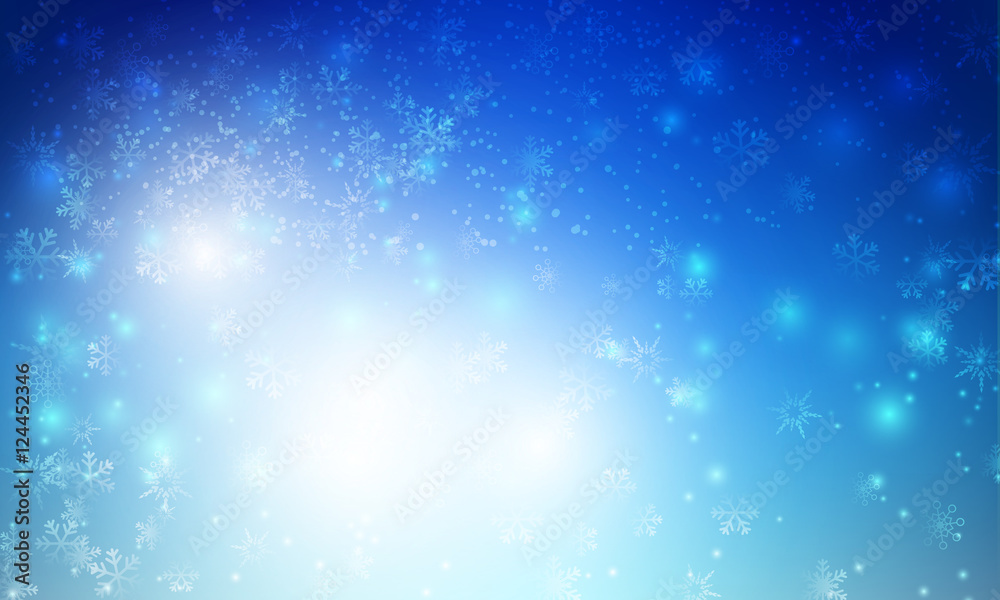 Fototapeta premium Winter snow fall with bokeh and lighting element abstract backgr