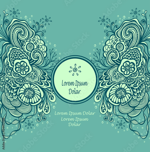 
Template frame with unique Doodle elements in vintage handmade style in marine blue
