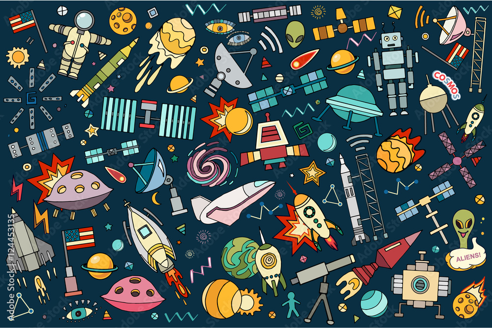 Vector abstract illustration of space. Solar system. Moon, astronaut, planet, rocket, earth, cosmonaut comet universe orbit Technology Hand drawn comic Vector abstract illustration of space. Solar system. Moon, astronaut, planet, rocket, earth, cosmonaut comet universe orbit Technology Hand drawn comic