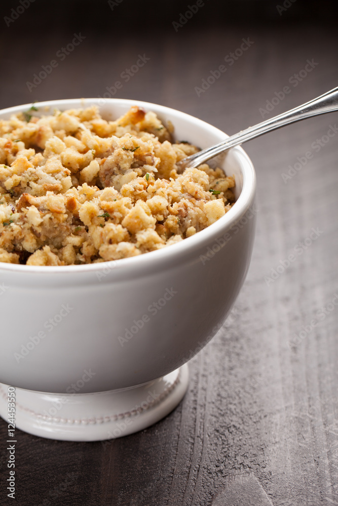 Oven roasted turkey stuffing in a bowl Oven roasted turkey stuffing in a bowl