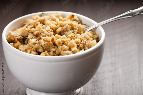 Photography Stuffing in a white bowl on wood background