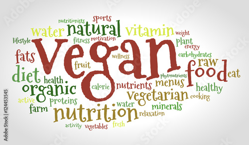 Vegan word cloud, color fonts, gradient background.
