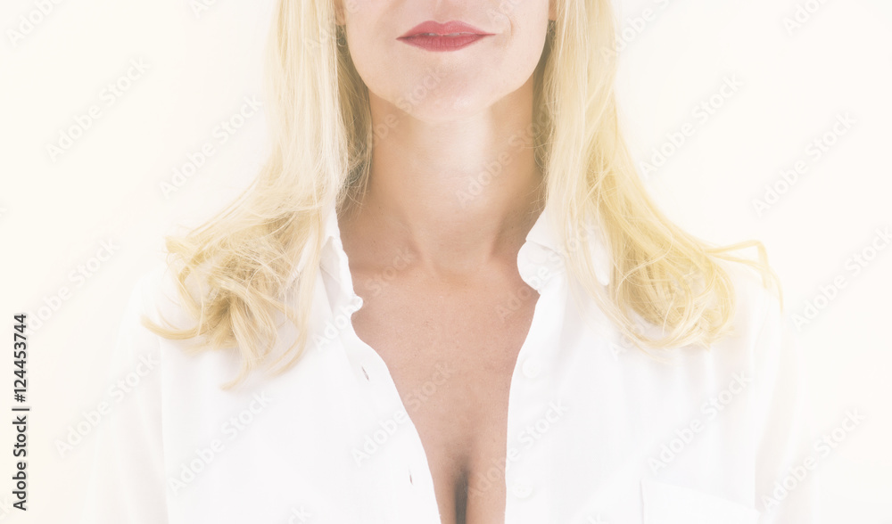 closeup of neck and chin of blond woman closeup of neck and chin of blond woman