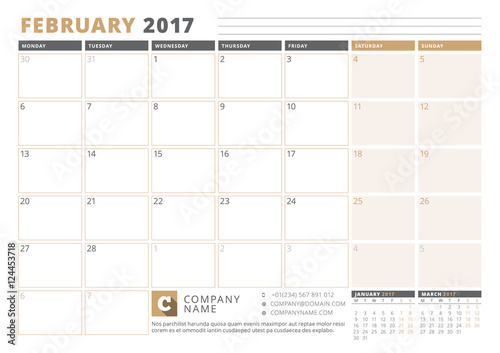 Calendar Template for 2017 Year. February. Business Planner 2017 Template. Stationery Design. Week starts Monday. 3 Months on the Page. Vector Illustration
