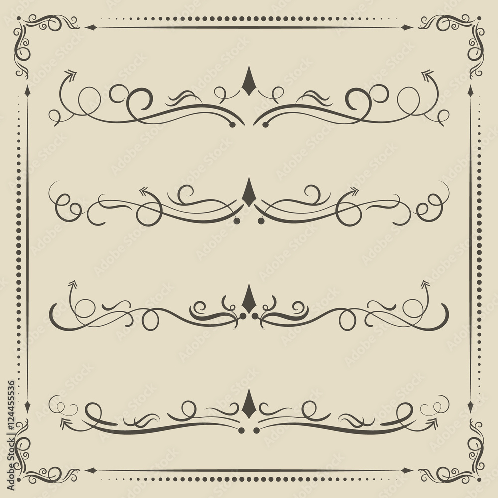 Calligraphic design vector elements, curves and spirals.