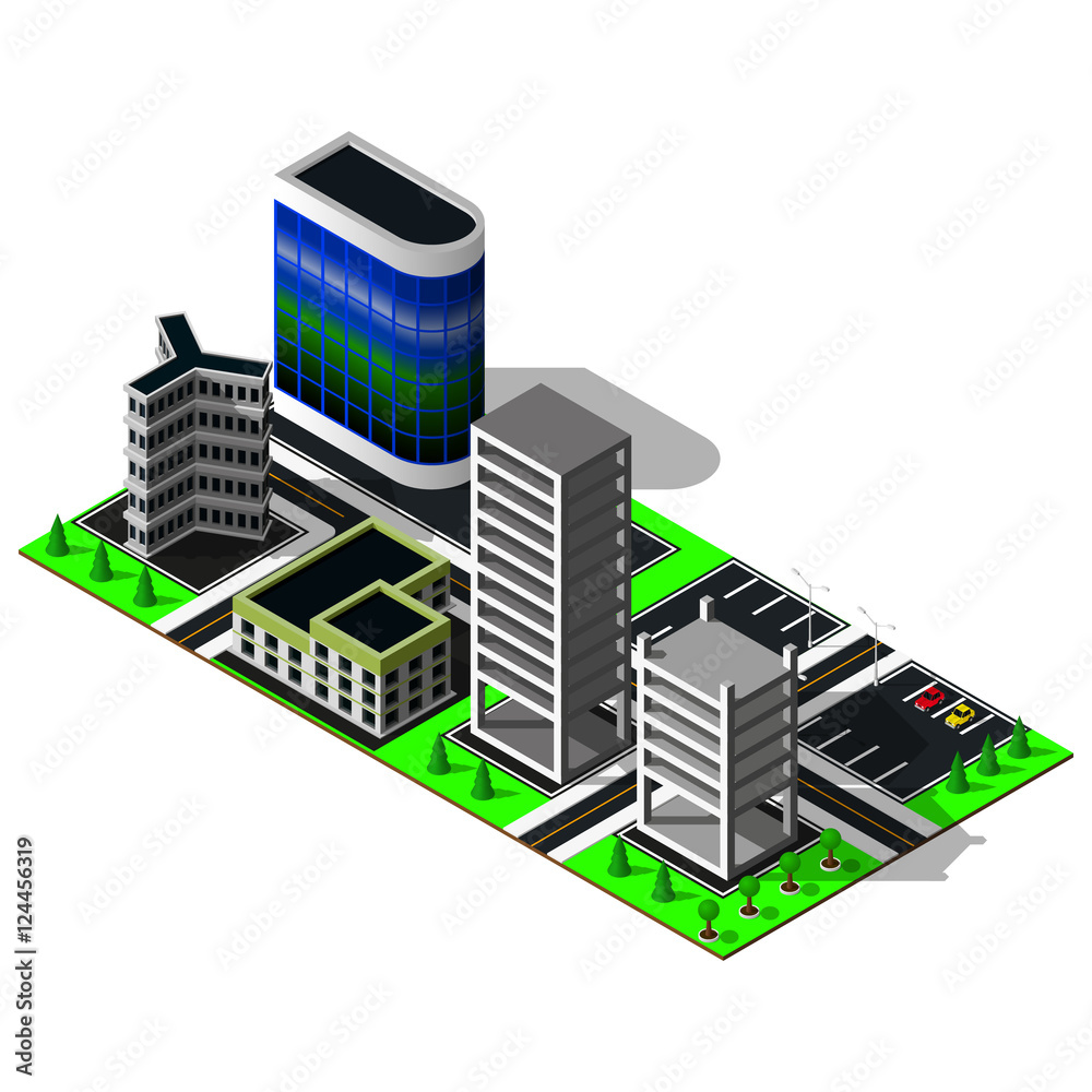 Fototapeta premium 3d map elements. Scheme includes glass building, business center, offices and road markings. Isometric city.