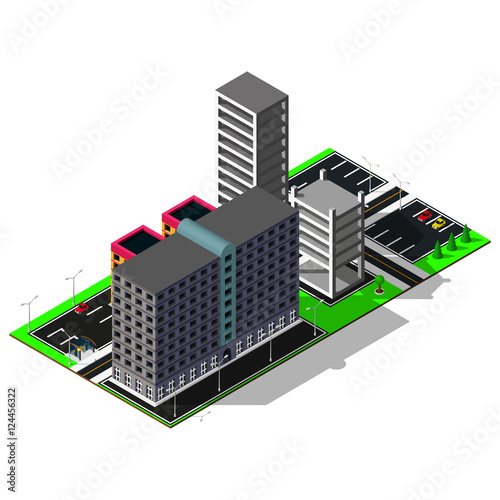 Isometric construction site with parkings  cars and street lamps. 3d buildings icon. Isometric map elements.