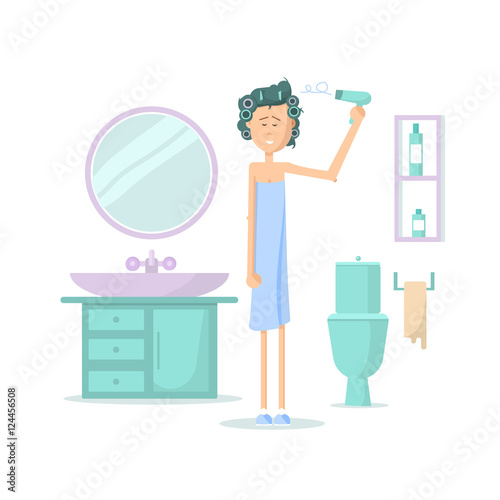 Housewife in the bathroom makes hairstyle. Housewife in towel. Vector illustration