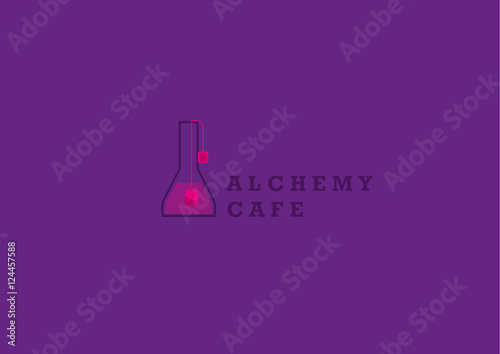 Creative logo on alchemy and unusual cafe.A flask with tea bag