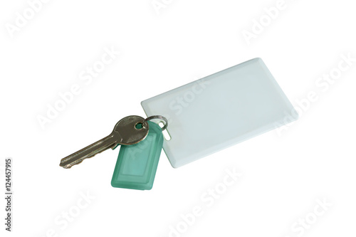key with a blank tag and key card, hotel key card on white backg