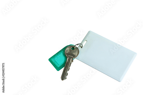 key with a blank tag and key card, hotel key card on white backg
