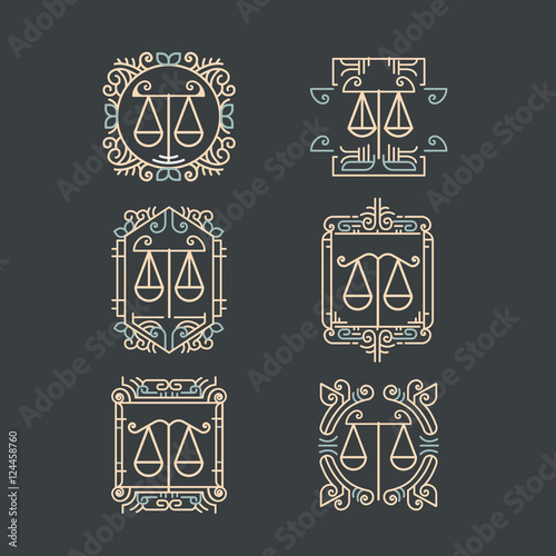 Law office logo set. Vector vintage lawyer logo collection. Jurist icon template. Attorney sign. Legal concept. Juridical firm labels and badge