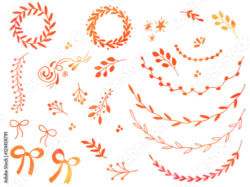Collection of hand drawn doodle design elements with watercolor texture isolated on white background. Set of autumn handdrawn borders, laurel wreaths, floral dividers, ribbon, bow. Vector illustration