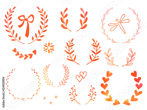 Collection of hand drawn doodle design elements with watercolor texture isolated on white background. Set of autumn handdrawn dragonfly, laurel wreaths, floral dividers, ribbon. Vector illustration.