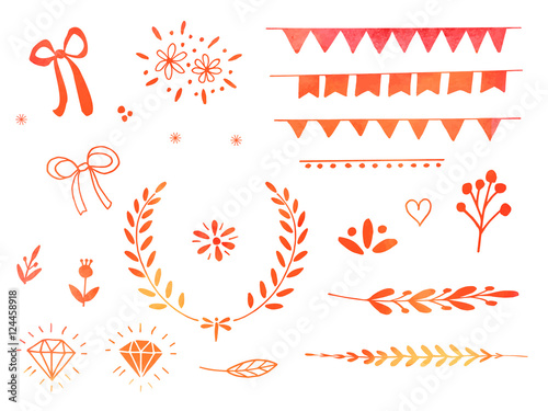 Fototapeta Naklejka Na Ścianę i Meble -  Collection of hand drawn doodle design elements with watercolor texture isolated on white. Set of vector autumn handdrawn bunting flags, borders, laurel wreath, diamond, floral dividers, ribbon, heart
