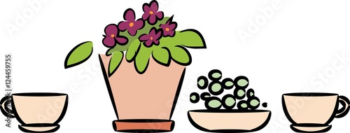 Still Life with houseplant in flowerpot and cup
