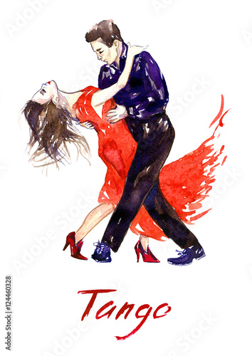 Passionate couple dancing tango, hand painted watercolor illustration
