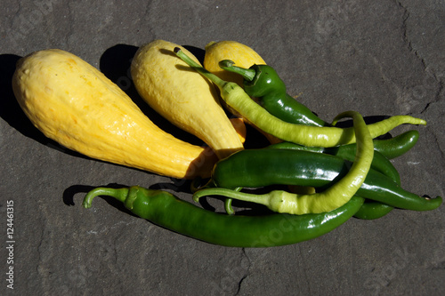 Red hot green chili peppers and yellow crookneck squash photo