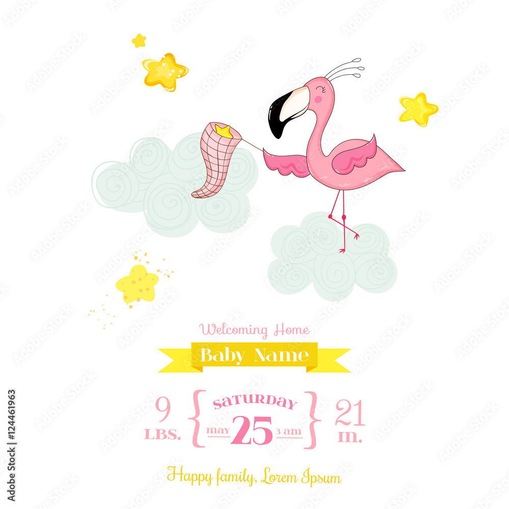 Fototapeta premium Baby Shower or Arrival Card - Baby Flamingo Girl Catching Stars