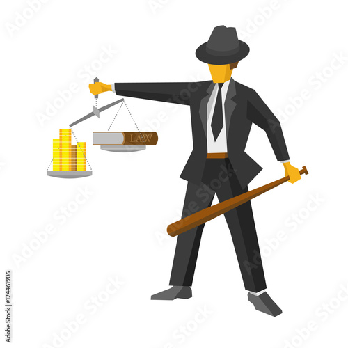 Retro mafia man with balance, looks like a god of justice Themis (Femida). Gangster with money and lawbook on the scales. Law or crime concept. Flat vector clip art. Isolated on white background.