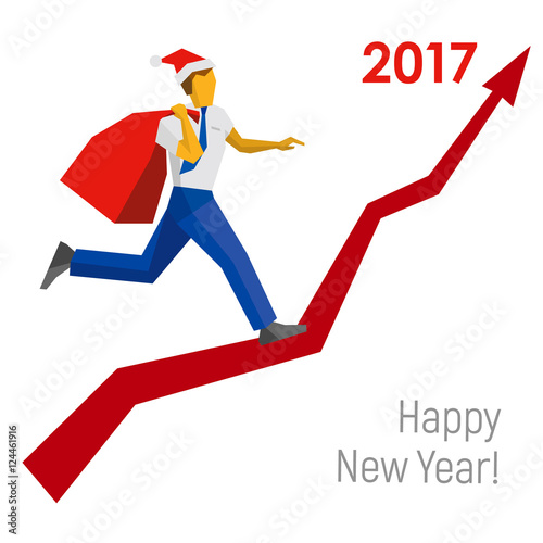 Businessman in Santa hat with gift bag running grow up graph to 2017 point. New year concept for card, poster or annual report. With place for text. Flat vector clip art, isolated on white background.