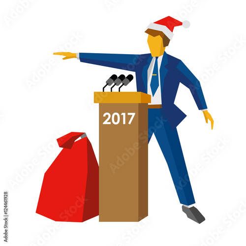 New Year 2017 concept - speaker at podium in Santa hat. Man standing at rostrum, big gift bag near. Annual press conference or presentation. Flat vector illustration, isolated on white background