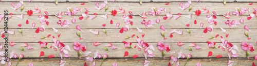 Flowers and leaves on wood texture.