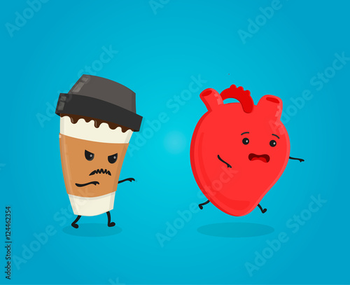 Coffee kill heart. caffeine danger concept. caffeine kills. Vector flat cartoon character illustration