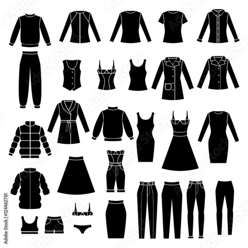 vector illustration set of women's clothing jacket coat vest trousers leggings skirt underwear silhouettes
