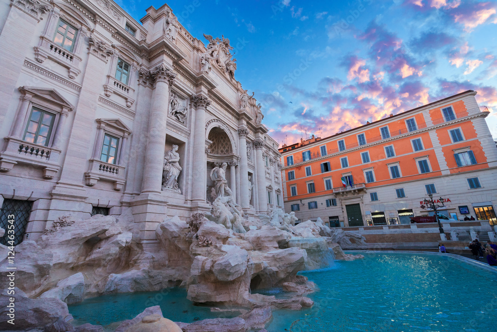restored Fountain di Trevi in Rome in sunrise light, Italy