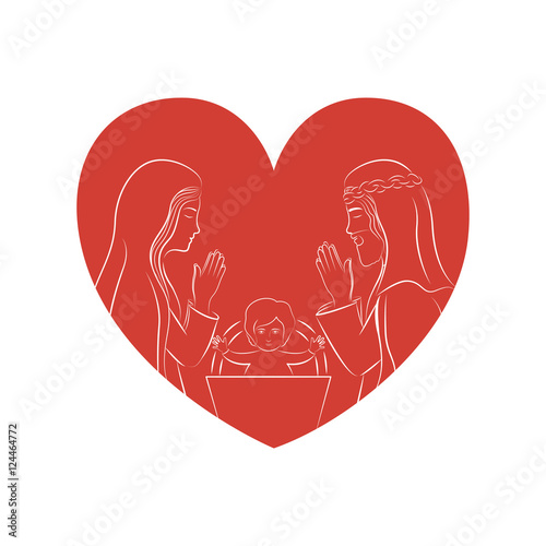 red heart with virgin mary and saint joseph praying inside. christianity design over white background. vector illustration
