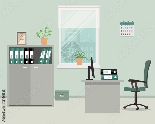 Workplace of office worker in grey color. There are such objects on a window background: a table, case for documents, a chair, computer. Vector flat illustration