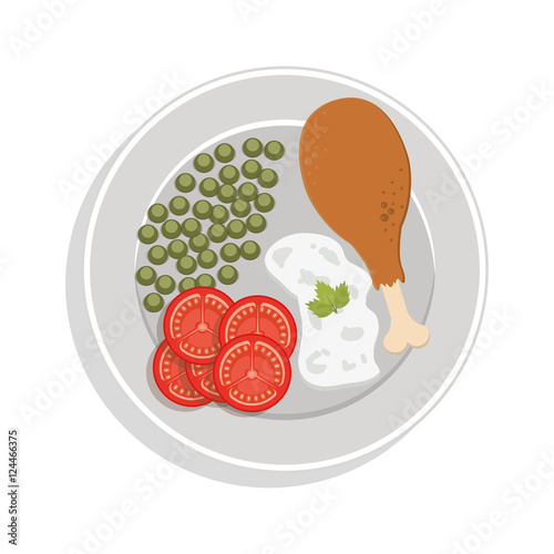 food plate chicken thigh with peas sliced tomato rice vector illustration