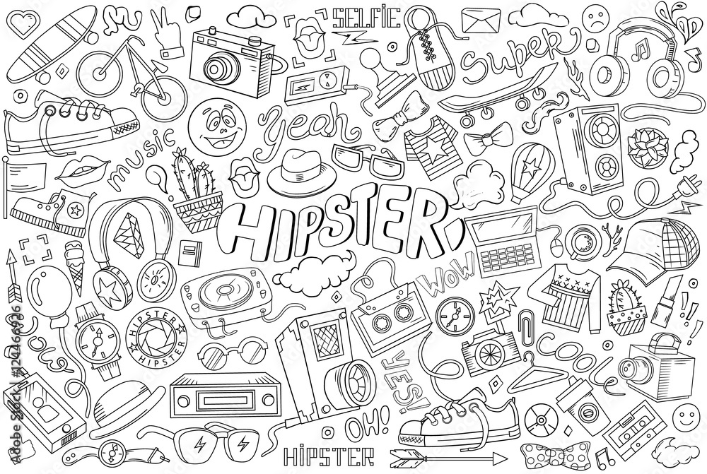 Hipster vector abstract illustration in cartoon style. Comics hand drawn elements and icons. Templates hipster elements for your design or background.