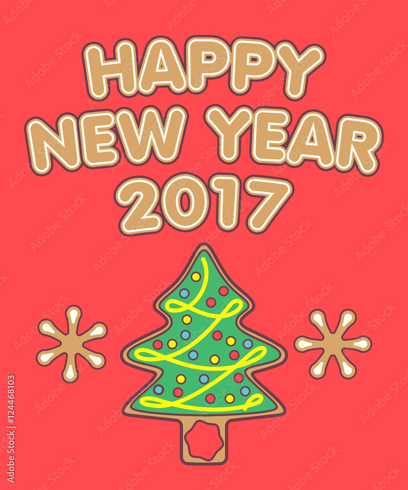 Fototapeta premium New Year greetings and gingerbread Christmas tree.